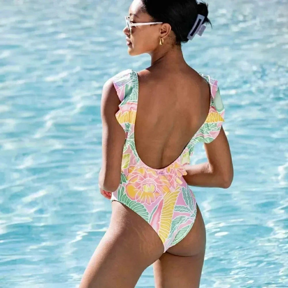 NWT Kenny Flowers Bahamas Floral Ruffle One Piece Medium Pink Orange Yellow - Picture 3 of 8